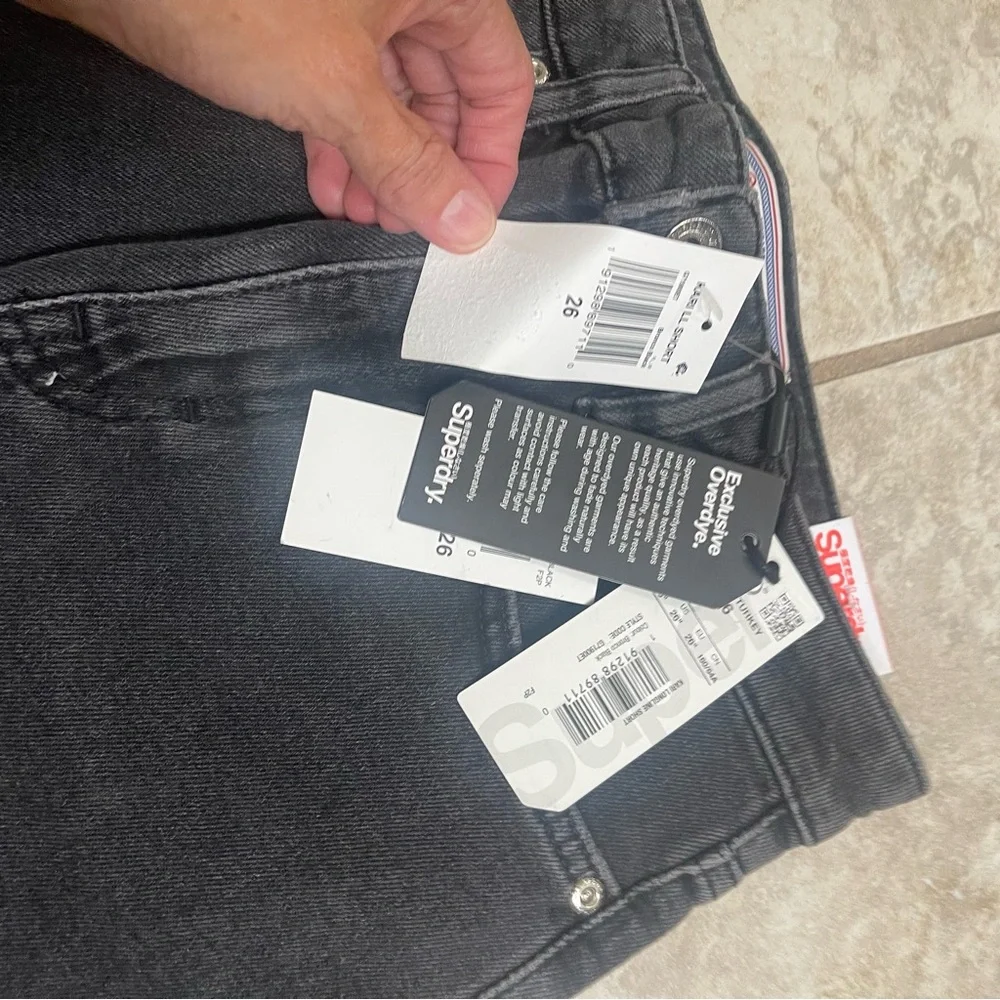 NWT Superdry Cut Off Denim Jean Kari‎ Longline Shorts 26 Coastline Black shorts